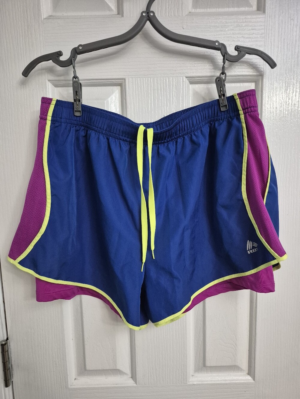 RBX Active Women’s 2-in-1 Layered Running Shorts Blue Pink Neon Trim – Size L